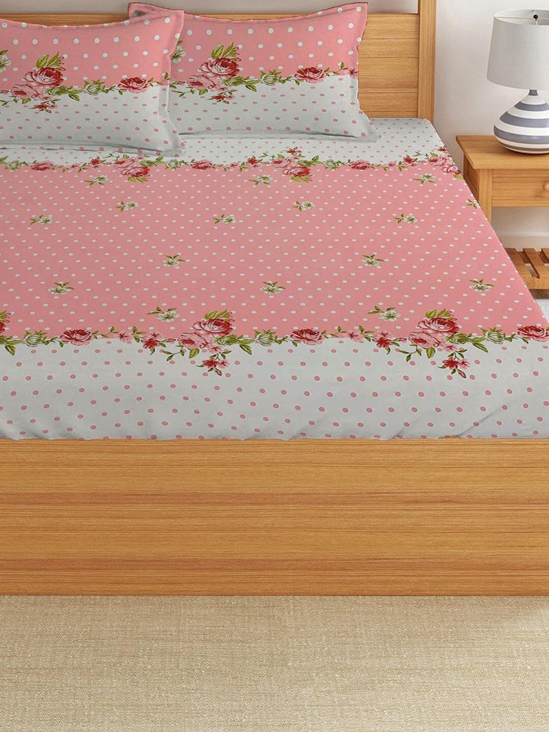 STARNSTYLE Premium 160 TC Egyptian Cotton Blend Floral Printed Double Bedsheet Set with 2 Pillow Covers - 228 x 228 cm Pink White - Image 2